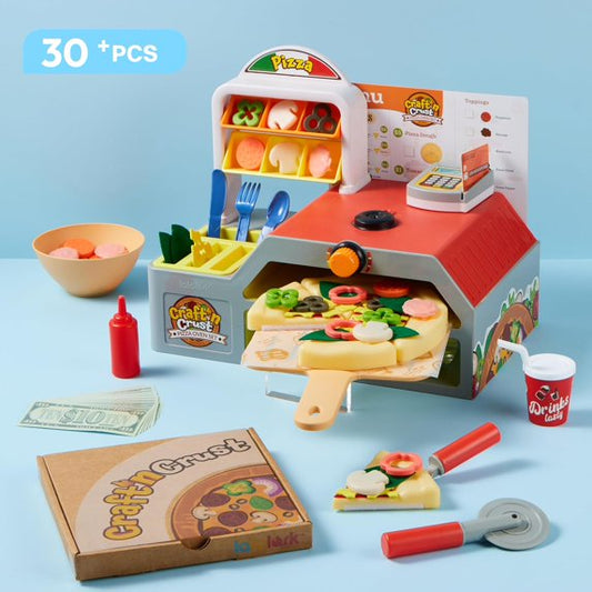 Lalalark Play Kitchen Food Toy - 78 PCS Montessori Pretend Play Food for Ages 3+, Pizza Oven with Pretend Smoke, Light & Sound and Color-Changing Toppings - Birthday Gift for Boys Girls