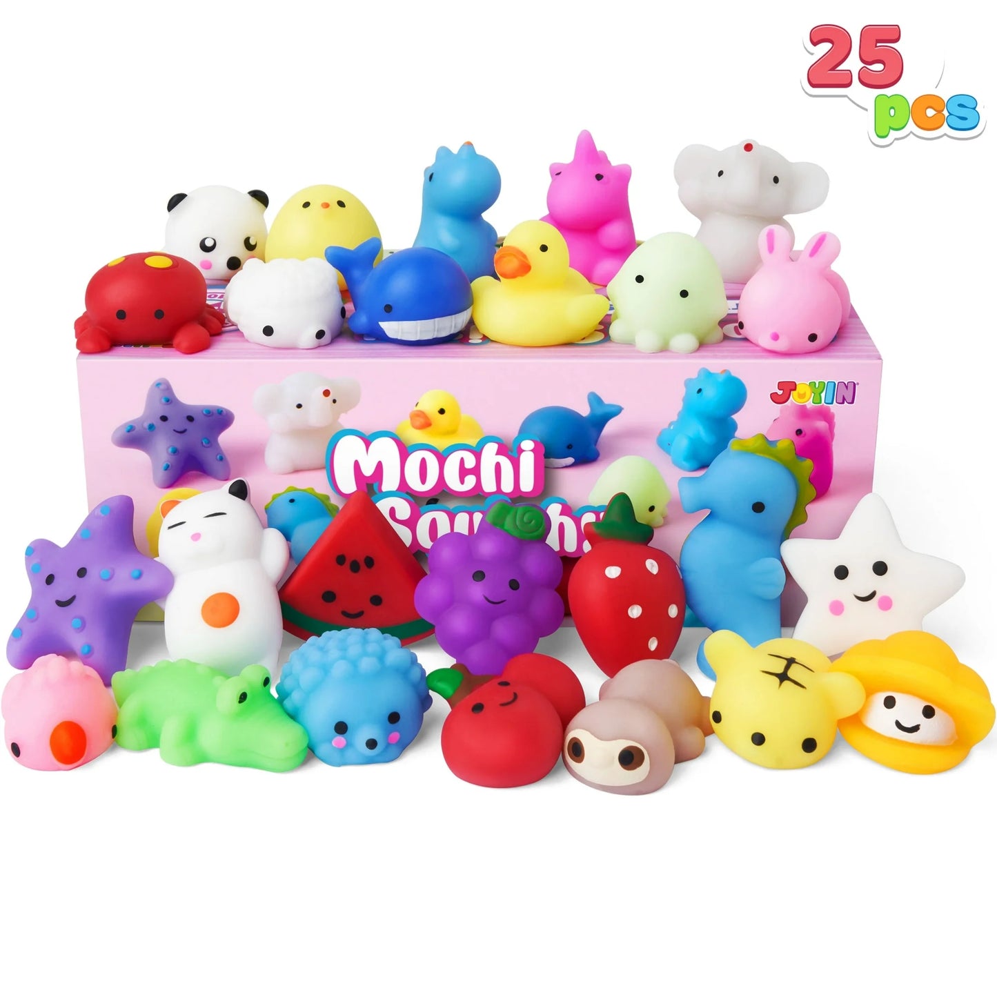 25 Pcs Mochi Squishy Toys for Kids Mini Kawaii Squishies Fidget Toys Animals & Fruit Stress Relief Toys for Party Favors, Classroom Prizes, Pinata Filler, Goodie Bags Stuffers