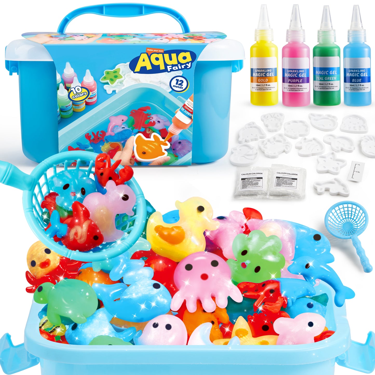 Joyfy Magic Water Elf Toy Kit, Aqua Fairy Water Toy with 10 Magic Gels, 12 Sea Creature Molds, Creativity DIY Craft Christmas Birthday Gift for Kids Age 3+