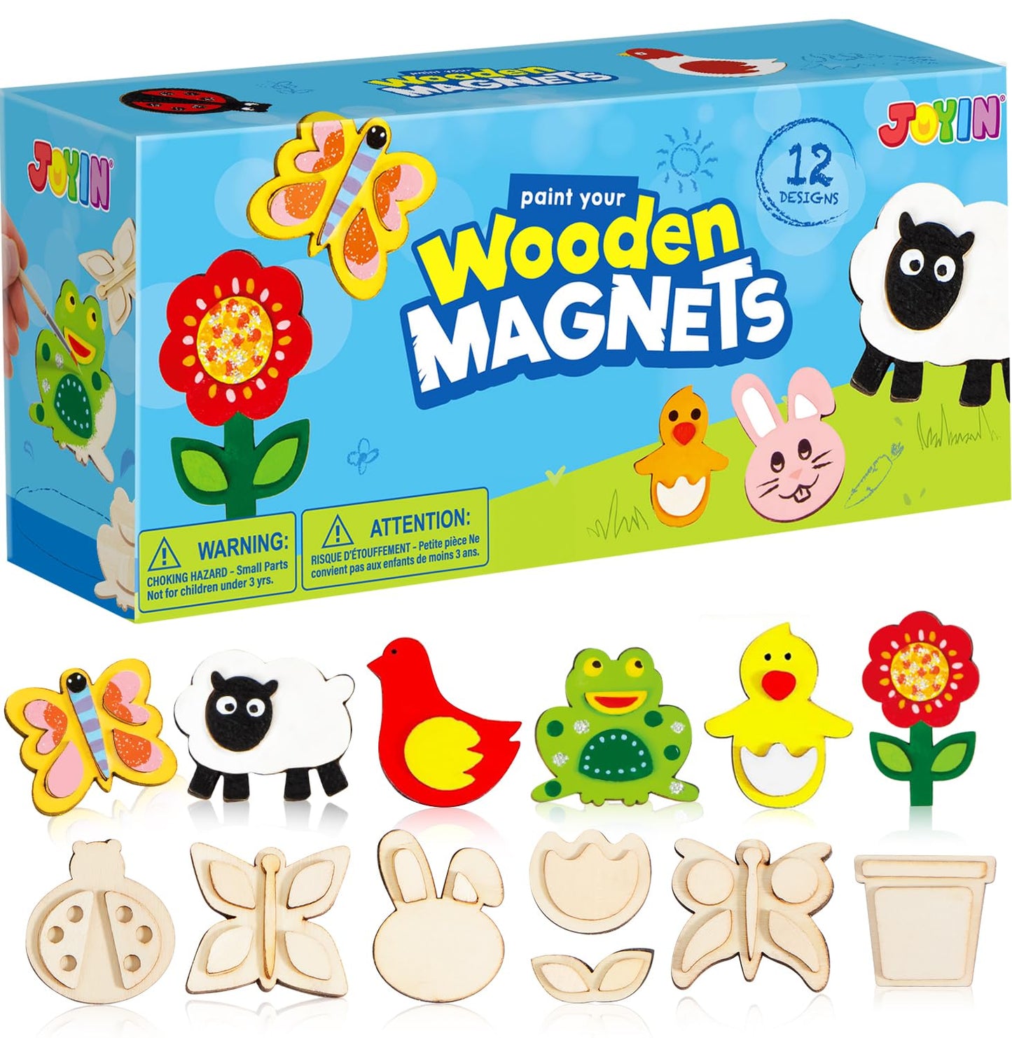JOYIN 12 pcs Wooden Magnets, Spring Arts & Crafts for Boys and Girls, Children Painting Craft Activities Kit, Craft Toys Gifts for Birthday Easter