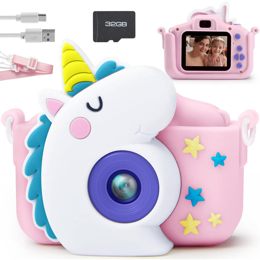 SYNCFUN 1080P HD Kids Digital Camera with Cute Silicone Case, Christmas Birthday Gifts for Girls 3-10 Year Old, Selfie Digital Video Camera with 32GB SD Card (Unicorn)
