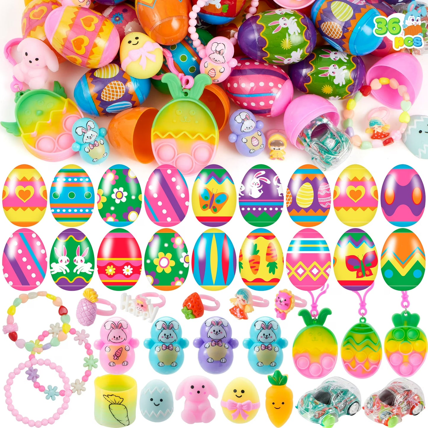 Joyfy 36 Packs Prefilled Easter Egg,Easter Egg with Toys Inside,Easter Basket Stuffers for Kids Easter Basket Classroom Exchange Toddler Boys Girls