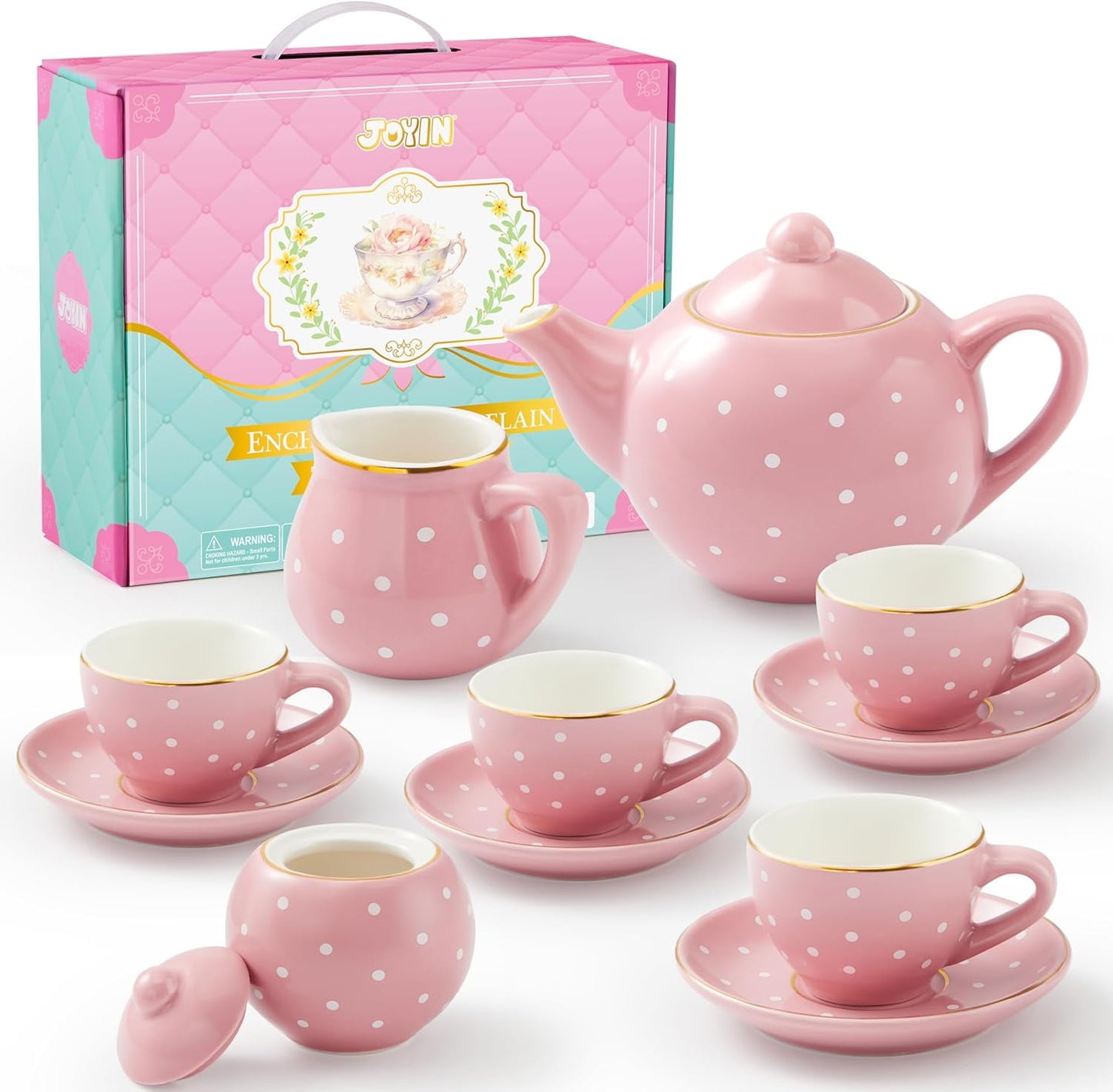 Porcelain Tea Set for Girls, 13 PCS Pink Childs Tea Party Set, Pretend Play Toys with Teapot, Cups, Saucers & Carrying Case, Ideal for Toddlers Kids Christmas Birthday Gifts Ages 3 4 5