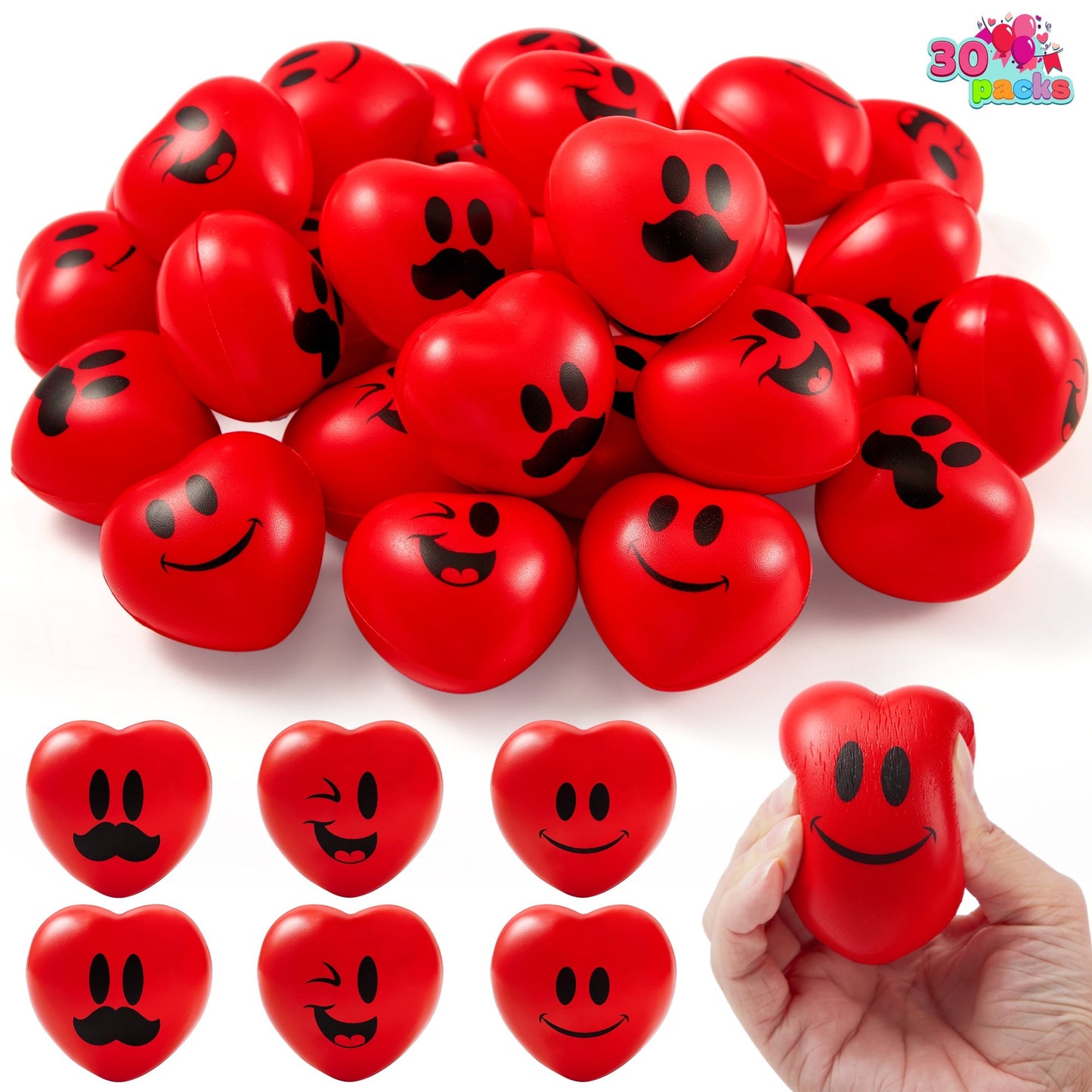 Joyfy 30 Pcs Valentines Day Heart Shaped Squishy Toy Ball,3 Heart Stress Ball for Classroom Exchange Gift,Party Favors for Kids,Fun Holiday Reward Prizes