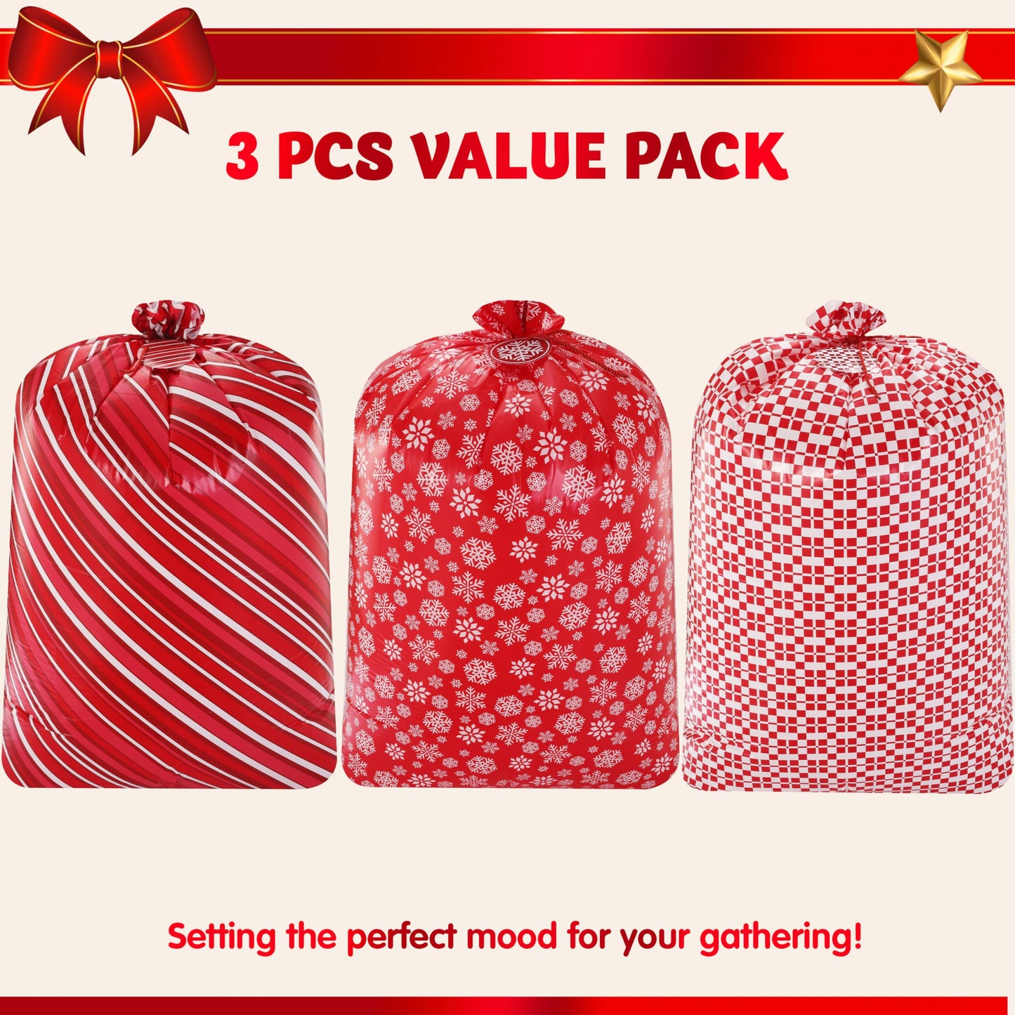 3 PCS 44 * 36 Jumbo Christmas Plastic Gift Bags, Extra Large Gift Bags for Xmas Presents, Huge christmas present Bags for Holiday Decorations, Toys, Carry-on Luggage and Christmas parties