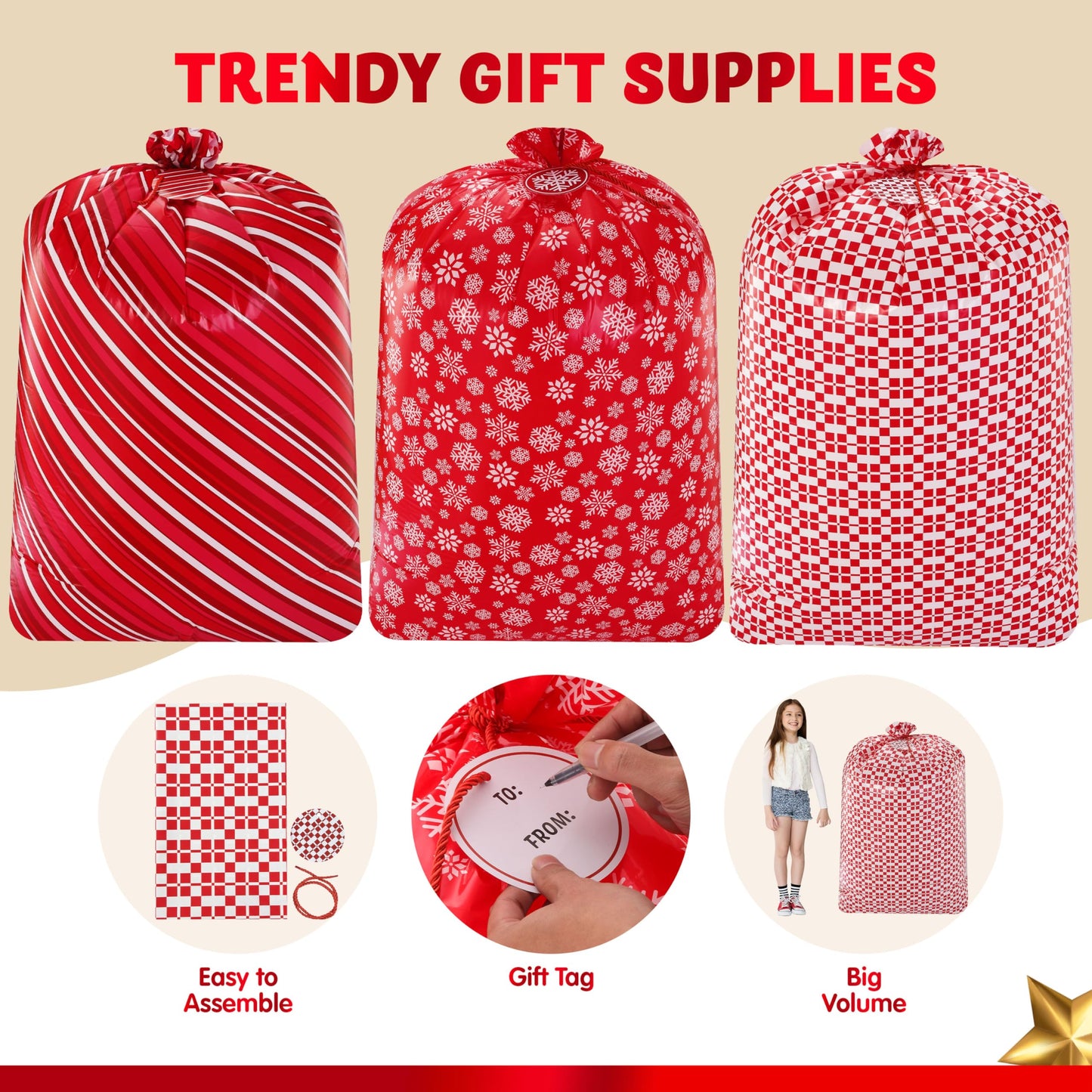 3 PCS 44 * 36 Jumbo Christmas Plastic Gift Bags, Extra Large Gift Bags for Xmas Presents, Huge christmas present Bags for Holiday Decorations, Toys, Carry-on Luggage and Christmas parties
