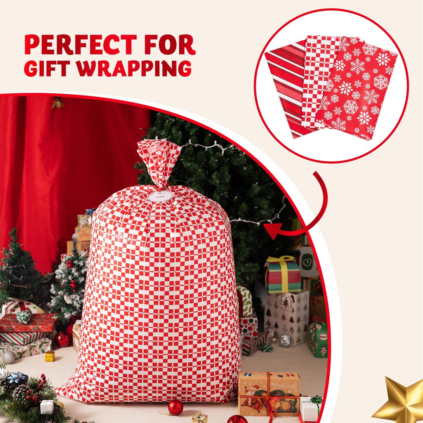 3 PCS 44 * 36 Jumbo Christmas Plastic Gift Bags, Extra Large Gift Bags for Xmas Presents, Huge christmas present Bags for Holiday Decorations, Toys, Carry-on Luggage and Christmas parties