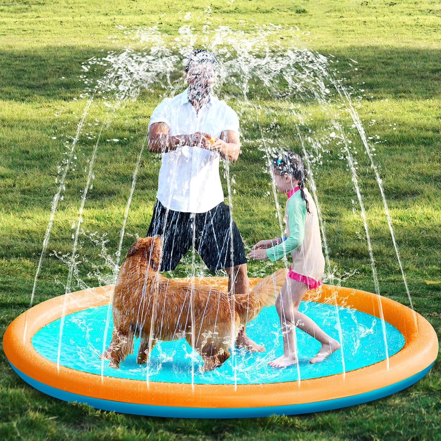 SLOOSH Non-Slip Splash Pad Sprinkler - Outdoor Water Play Toys Backyard Fountain Mat for Toddlers Kids Dogs, Thickened Sprinkler Outside Pool Party Durable for Girls Boys Pets 72in, Orange&Blue