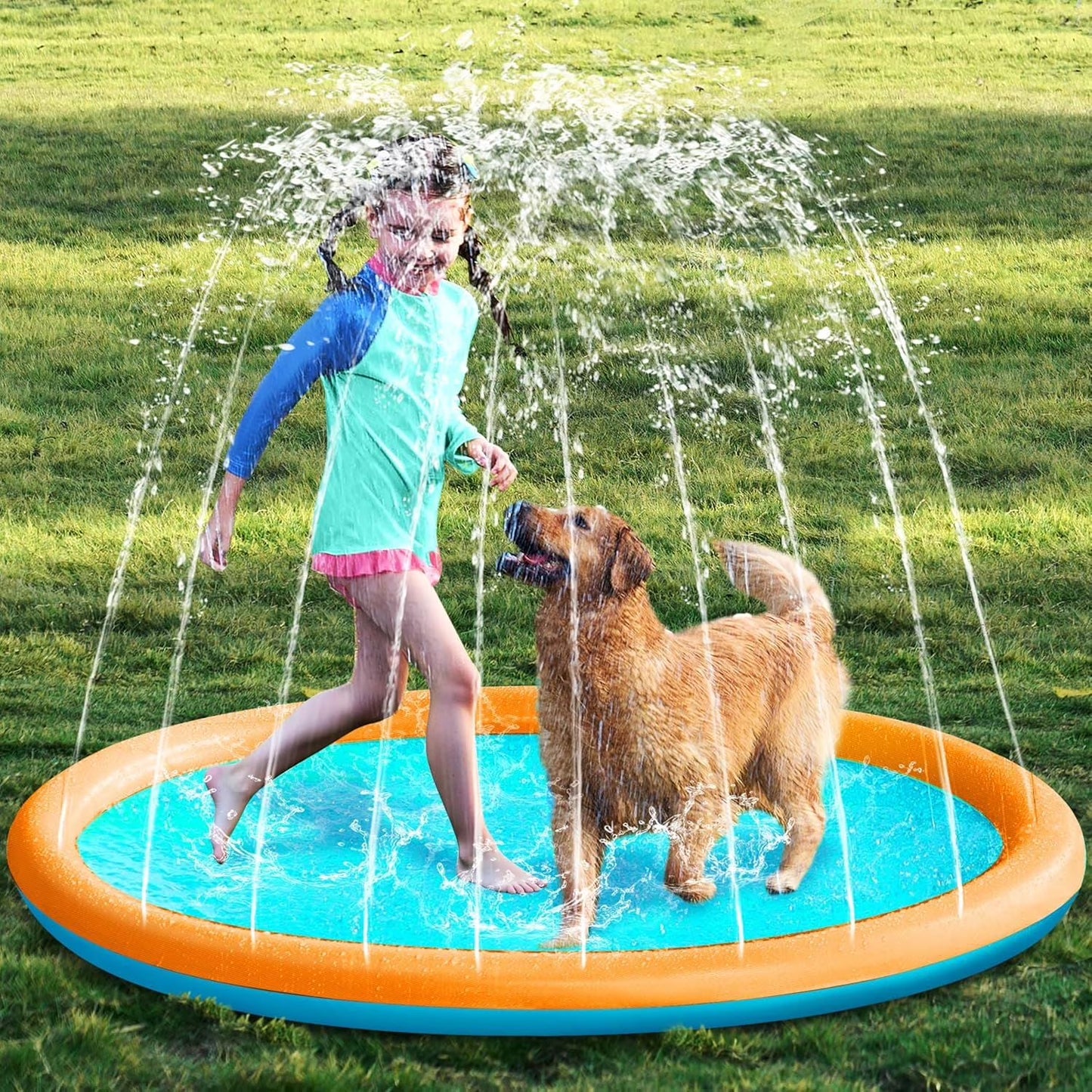 SLOOSH Non-Slip Splash Pad Sprinkler - Outdoor Water Play Toys Backyard Fountain Mat for Toddlers Kids Dogs, Thickened Sprinkler Outside Pool Party Durable for Girls Boys Pets 60in, Orange&Blue