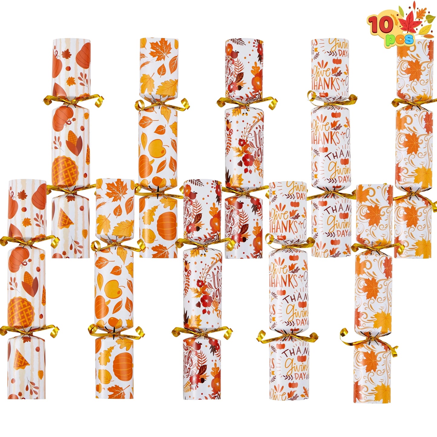 SYNCFUN 10 Pcs Thanksgiving Crackers Party Table Favor, No Snap Fall Leaves&Pumpkins Design, with Party Hat Joke & Little Gift for Xmas Holiday Dinner Traditions