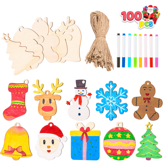 Joyfy 100 Pcs Christmas Wooden Hanging Ornaments with 8 Colored Pens, Wood Ornaments for Kids for Xmas Tree Decor Party Supplies(Age 8+)
