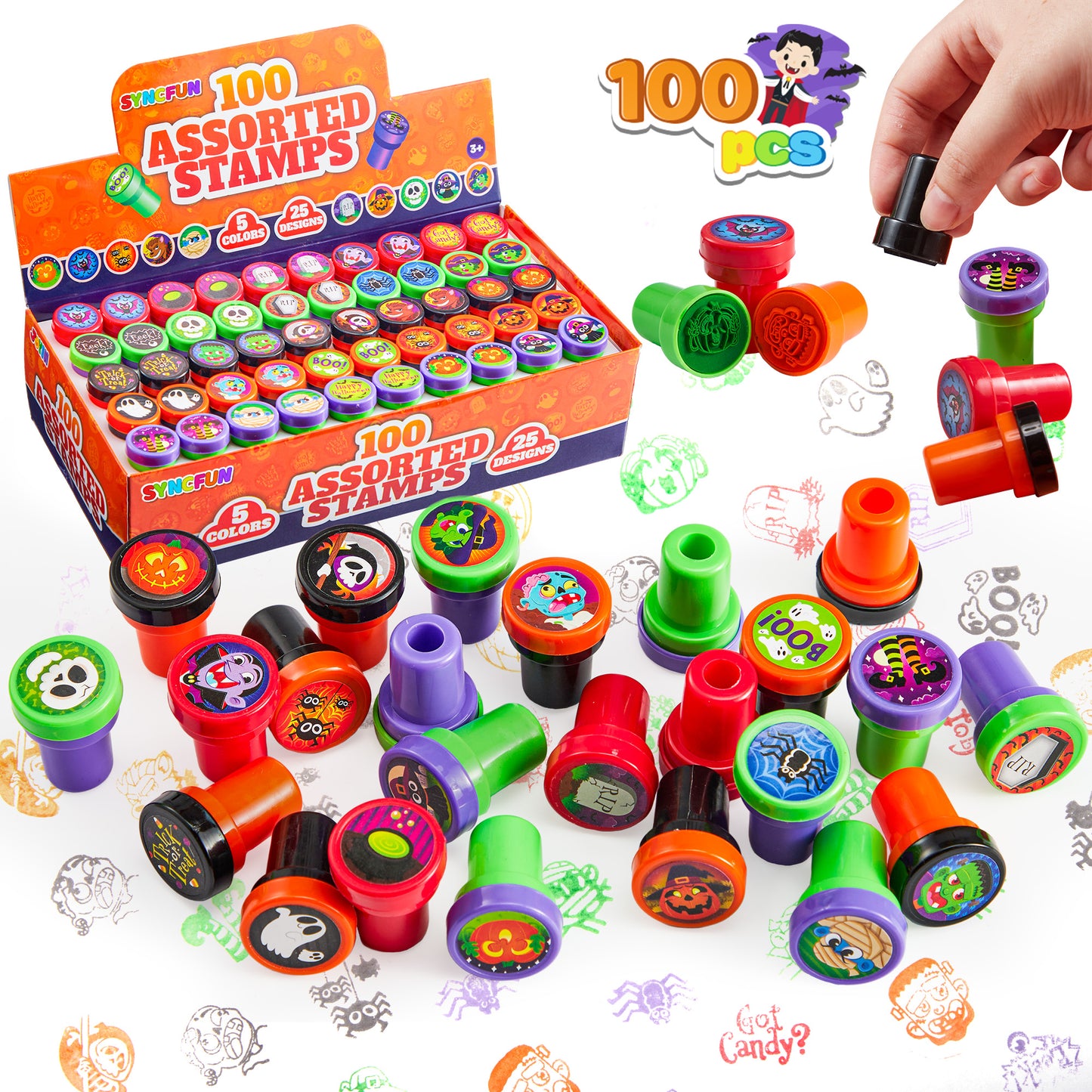 SYNCFUN 100 Pcs Halloween Assorted Stamps for Kids,Halloween Stampers Halloween Stuff Halloween Goodies Bags Prizes,Halloween Toys for Trick or Treaters Gift,Basket Stuffers