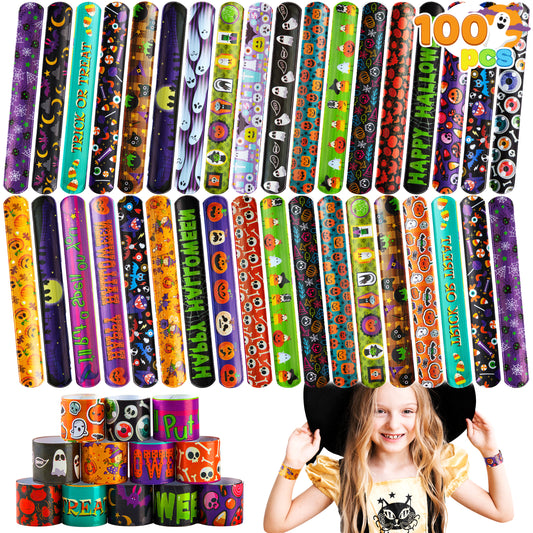 SYNCFUN 100 Pcs Halloween Slap Bracelets for Kids,Halloween Toys Bulk with Spider,Pumpkins,Animal Print for Prizes Gift Trick or Treat Party Favors,Halloween Crafts for Kids,Classroom Favors