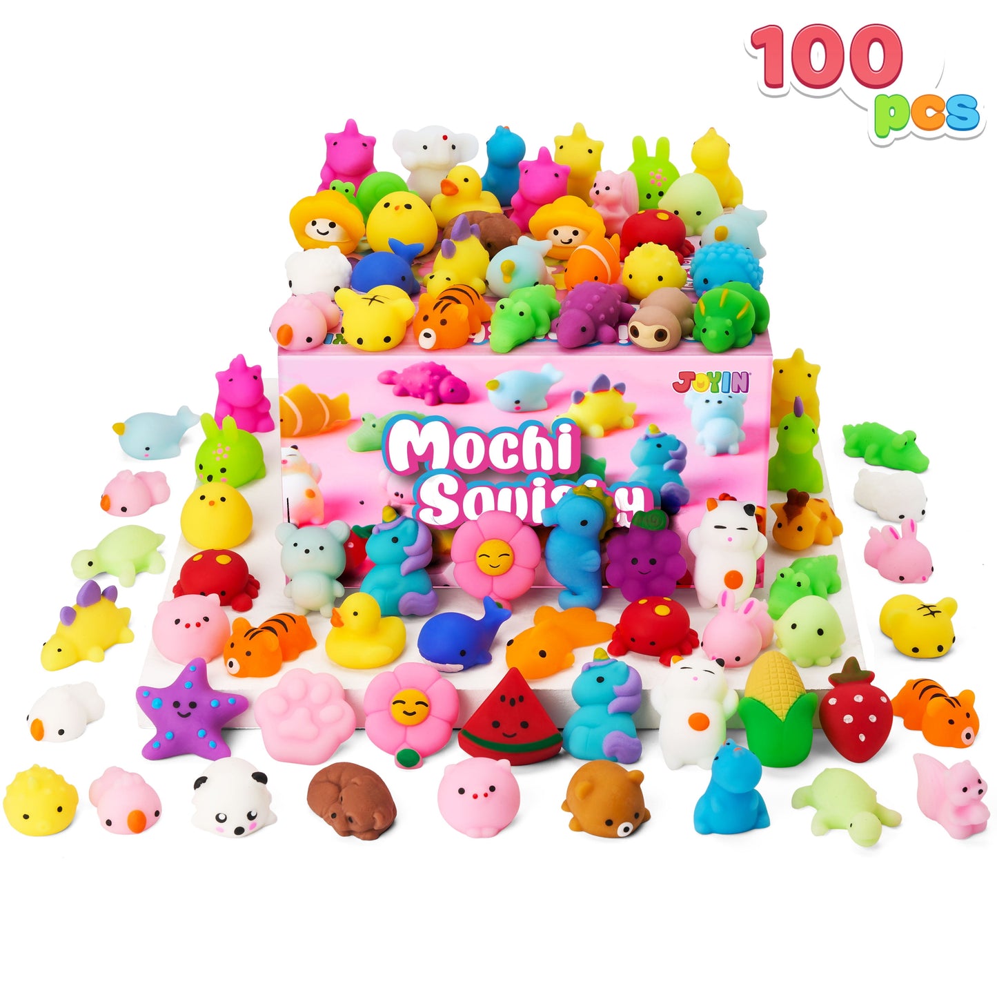 SYNCFUN 100 Pcs Mini Animals & Fruit Mochi Squishies for Kids Party Favor Toys for Stress Relief, Novelty Fidget Toys for Pinata Fillers, Classroom Prizes for Students, Birthday Gifts