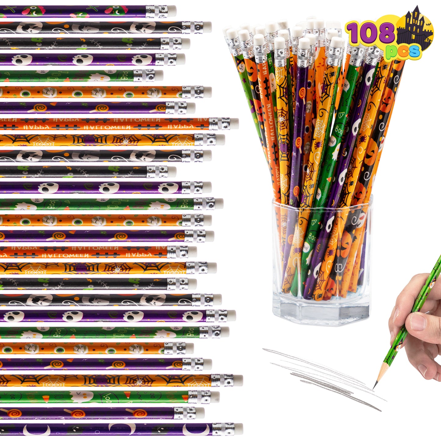 SYNCFUN 108 Pcs Halloween Pencils Bulk with Eraser for Kids,Colorful Pencils Stationery Pencil Set,Halloween Favors Prizes for Kids,Halloween Bulk Toys
