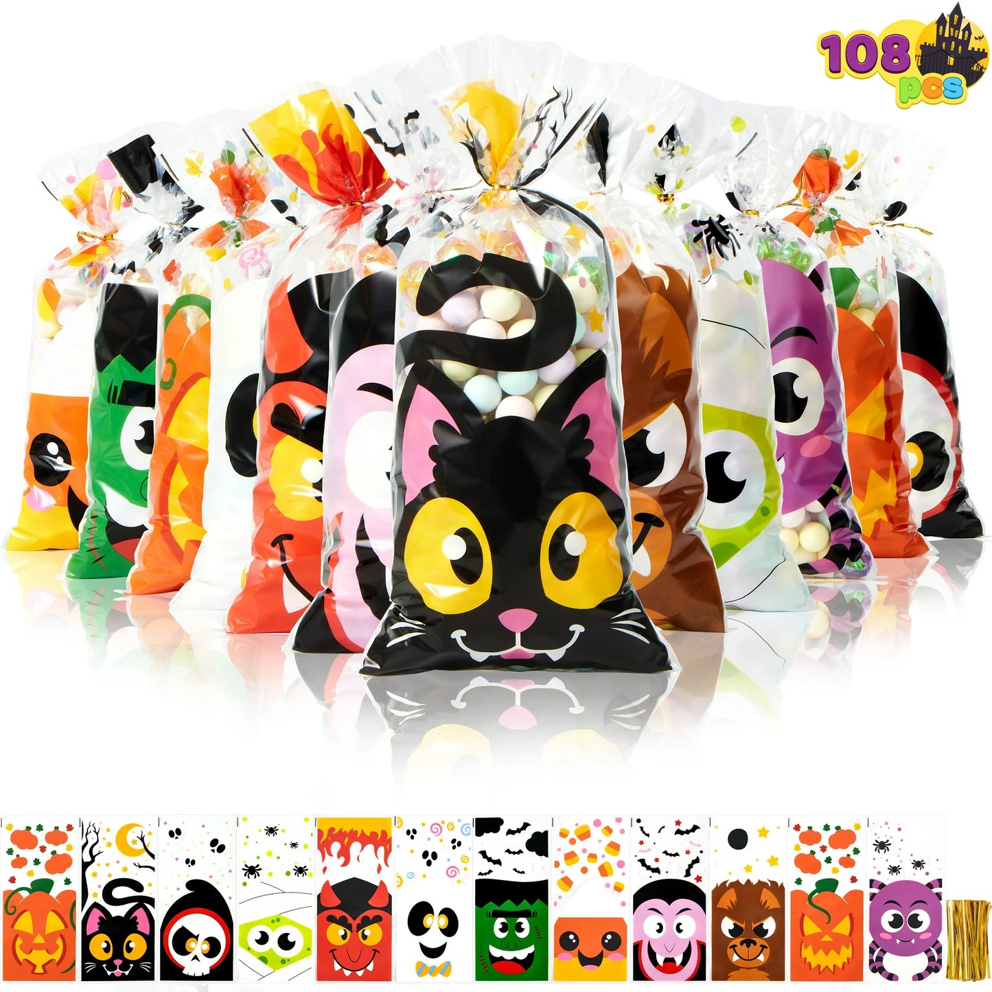 Joyfy 108 Pcs Halloween Treat Bags Cellophane Bags with Twist Ties,Goodie Bags for Snack Cookie Candy,Halloween Gift Trick or Treat Bags,Halloween Party Supplies