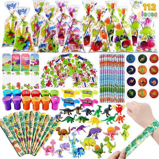112 Pcs Dinosaur Party Favors Set for 12 Kids, Goody Bags with Dinosaur Gift Tags for Kids Party Game Prizes