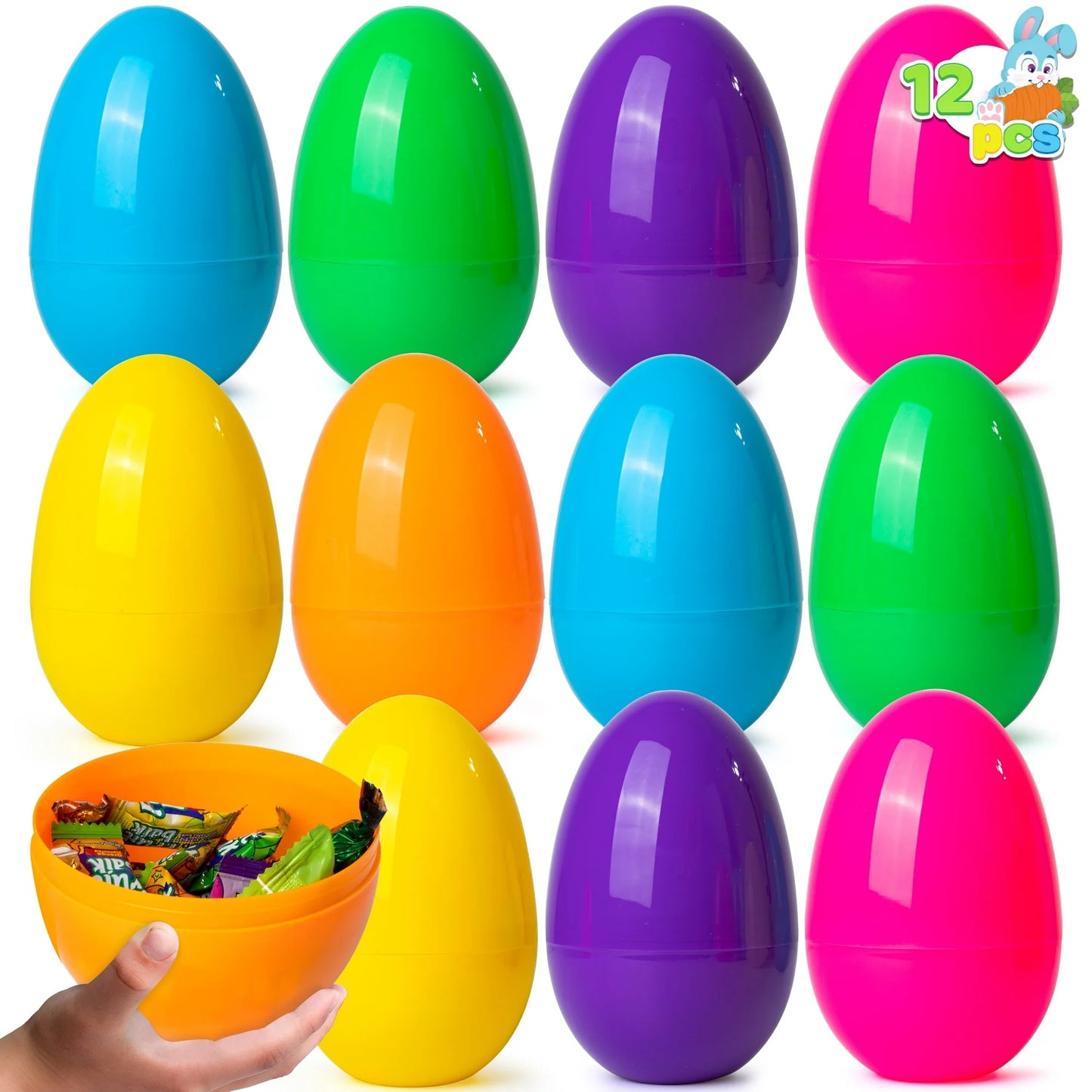 Joyfy 12 Pack 7" Large Plastic Easter Eggs - Fillable & Empty for Easter Egg Hunt, Basket Stuffers | Assorted Solid Colors, Classroom Prize Supplies