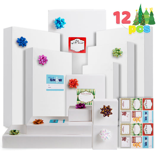 SYNCFUN 12 Pcs Assorted Christmas Shirt Gift Box, 4 Sizes White Assorted Shirt Wrap set of boxes with Lids, Base, Gift Tag Stickers and Bows for Gift Wrapping, Present Wrap Décor