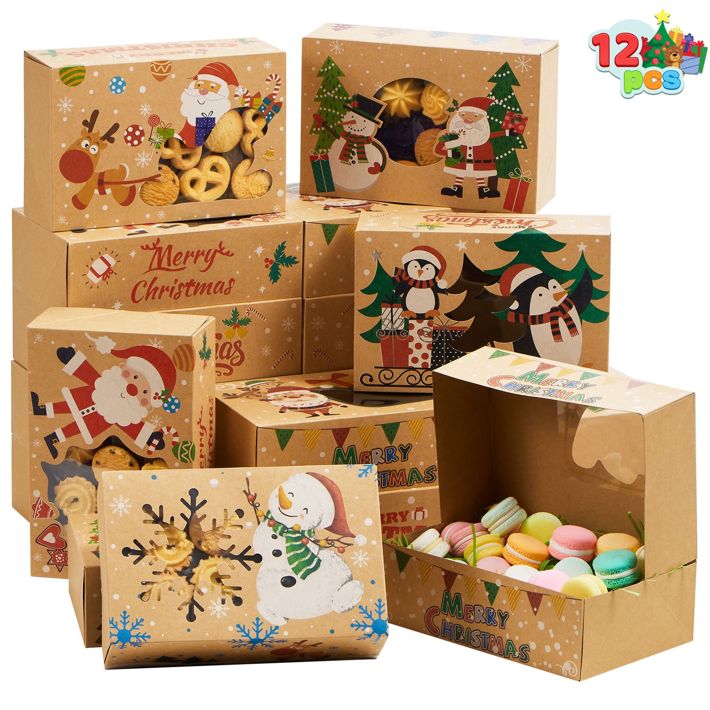 Joyfy 12 Pcs Christmas Cookie Boxes for Gift Giving, 8.75" x 5.75" x 2.75" Xmas Holiday Treats Cookie Tins with Window, 6 Designs Brown Kraft Bakery Boxes for Pastries, Cupcakes, Brownies, Doughnut
