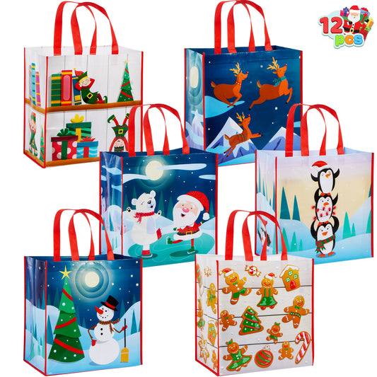 Joyfy 12 Pcs Christmas Large Tote Bags Holiday Reusable Grocery Bags for Classroom Party Favor Supplies, Christmas Shopping Bags, Xmas Party Supplies Bags (Late Night Christmas Colors)