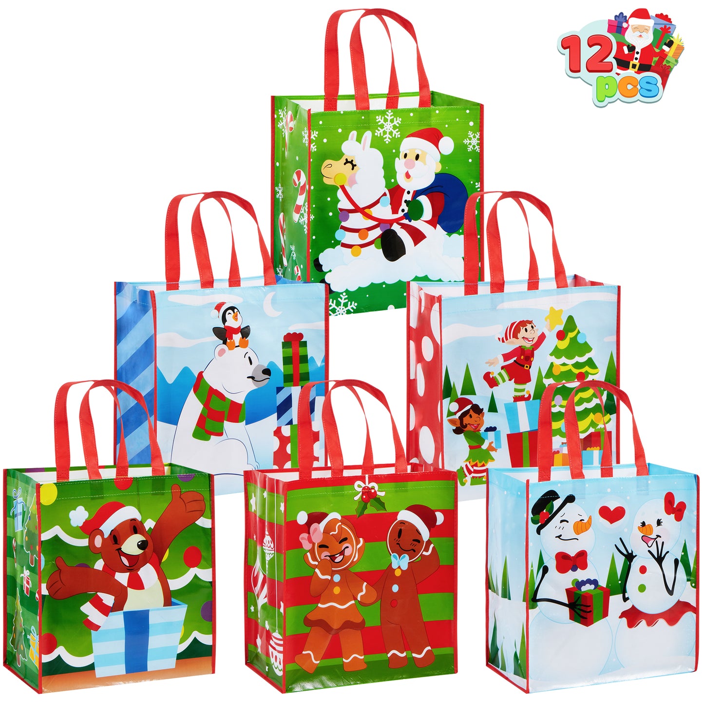 Joyfy 12 Pcs Christmas Tote Bags, Holiday Reusable Grocery Bags for Classroom Party Favor Supplies, Christmas Shopping Bags, Xmas Party Supplies Bags