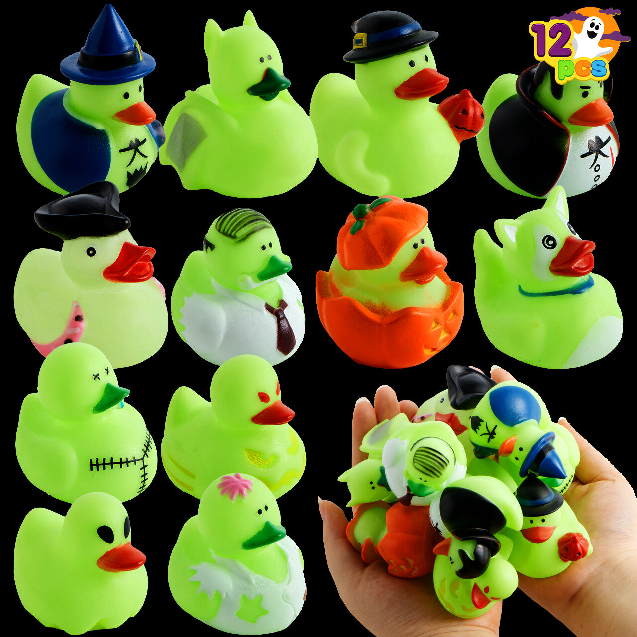 SYNCFUN 12 Pcs Halloween Rubber Ducks,Halloween Toys Glow-in-The-Dark Rubber Ducks in Bulk for Baby Toddlers Kids,Halloween Bath Toy Basket Prizes,Halloween Toys for Trick or Treaters
