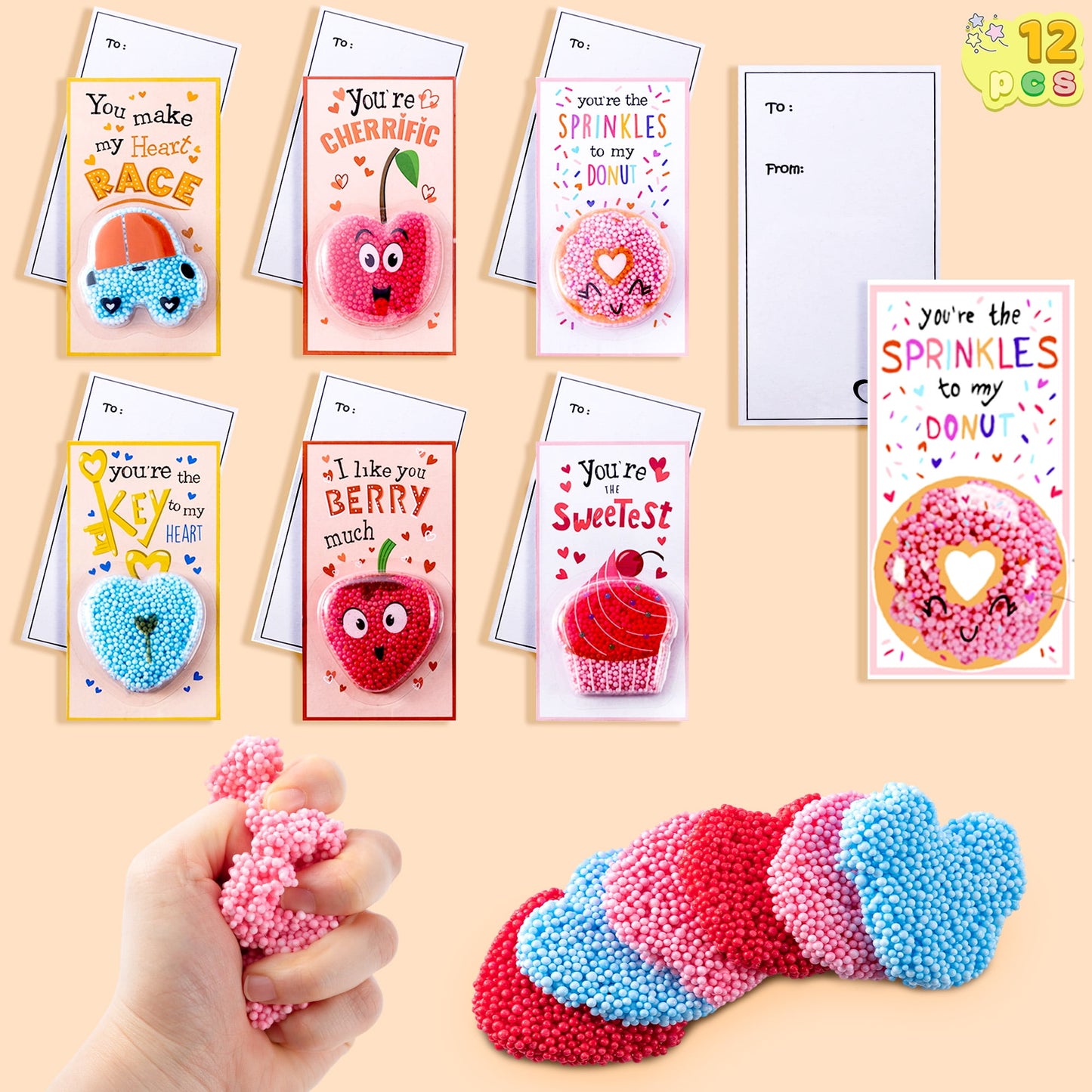 12 Pcs Valentines Foam Squishy Toys for Kids, Fun Gifts Stress Relief Fidget Toys for Valentine Party Favors, School Class Exchange Cards