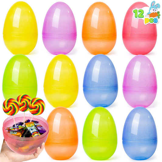 Joyfy 12Pcs 7" Large Plastic Easter Eggs,Jumbo Assorted Colors Glitter Empty Fillable Easter Eggs for Filling Treats, Party Favor, Easter Egg Hunt, Decorations, Classroom Prize