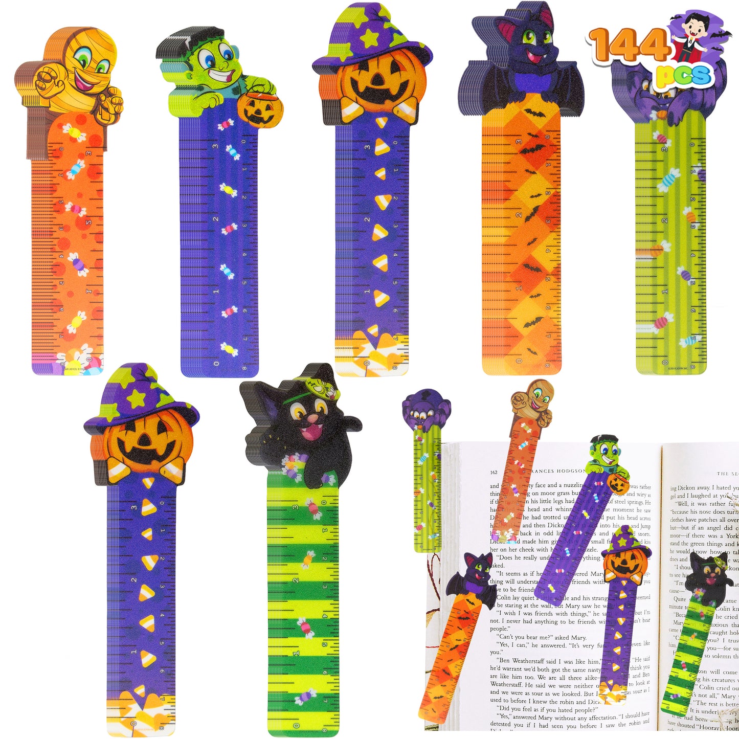 Joyfy 144 Pcs Halloween Bookmark Rulers Stationery Party Favors,Ruler Markers with Halloween Themed for Classroom Prizes and Trick or Treat Prizes,Halloween Goodies