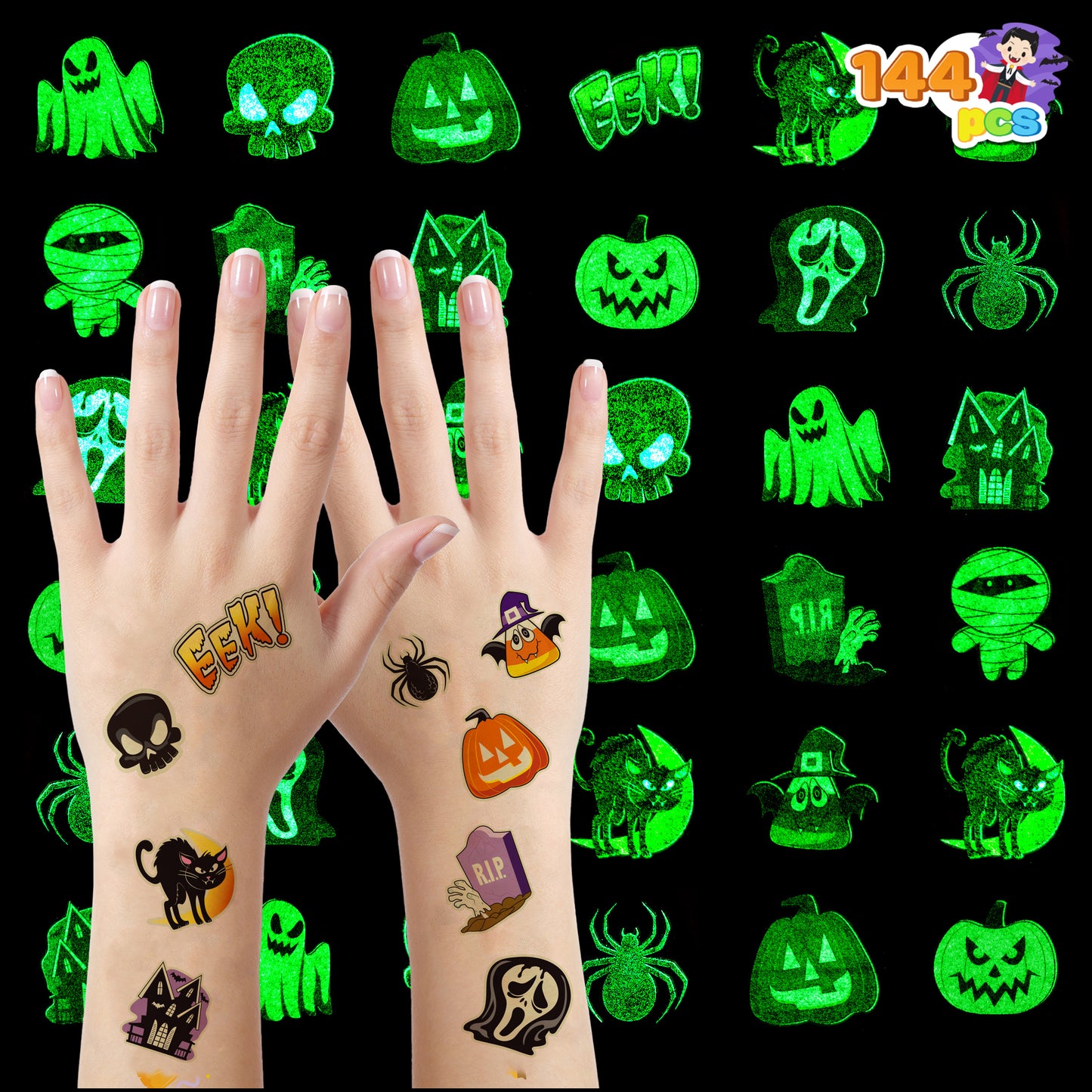 Joyfy 144 Pcs Halloween Temporary Tattoos,Glow in The Dark Tattoos for Kids,Halloween Toys Bulk,Halloween Trick or Treat Toys,Halloween Party Favor