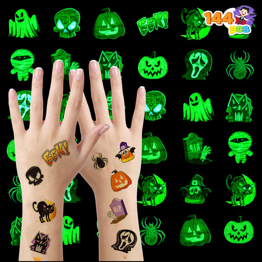 Joyfy 144 Pcs Halloween Temporary Tattoos,Glow in The Dark Tattoos for Kids,Halloween Toys Bulk,Halloween Trick or Treat Toys,Halloween Party Favor