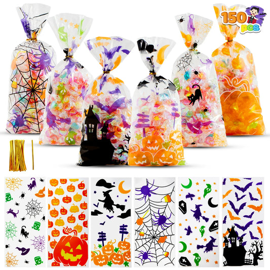 150 Pcs Halloween Treat Bags Clear Cellophane Bags with Twist Ties,Goodie Bags for Snack Cookie Candy,Halloween Gift Trick or Treat Bags,Halloween Party Supplies