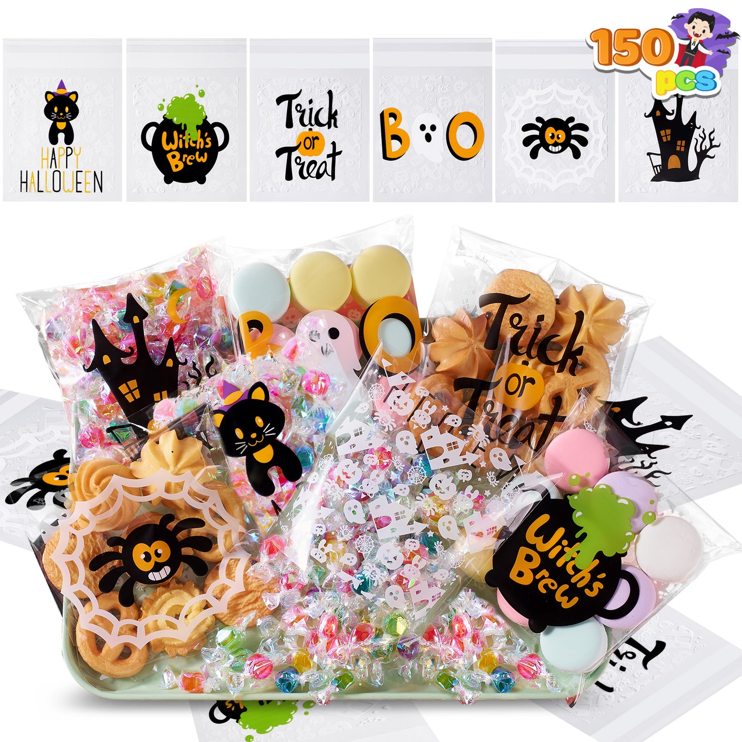 Joyfy 150 Pcs Halloween Treat Bags,Small Goodie Bags Clear Cookie and Candy Bags for Kids Trick or Treating,Cellophane Bags Halloween Party Supplies