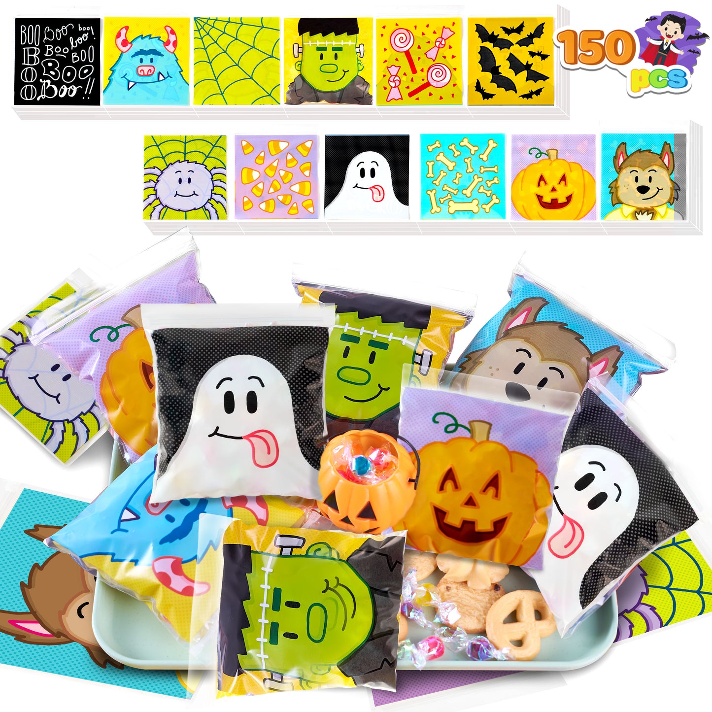 Joyfy 150 Pcs Halloween Treat Bags Clear Self Sealing Cellophane Bags Goodie Bags for Snack Cookie Candy,Halloween Gift Trick or Treat Bags,Halloween Party Supplies