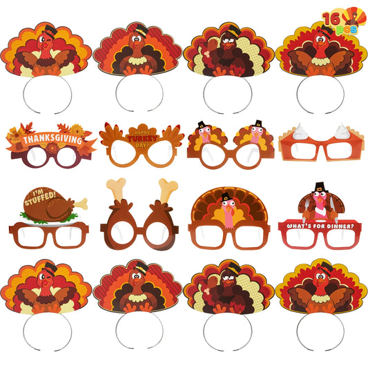 Joyfy 16 Pack Thanksgiving Turkey Headbands and Glasses Frame for Kids Adult,Thanksgiving Party Role Play