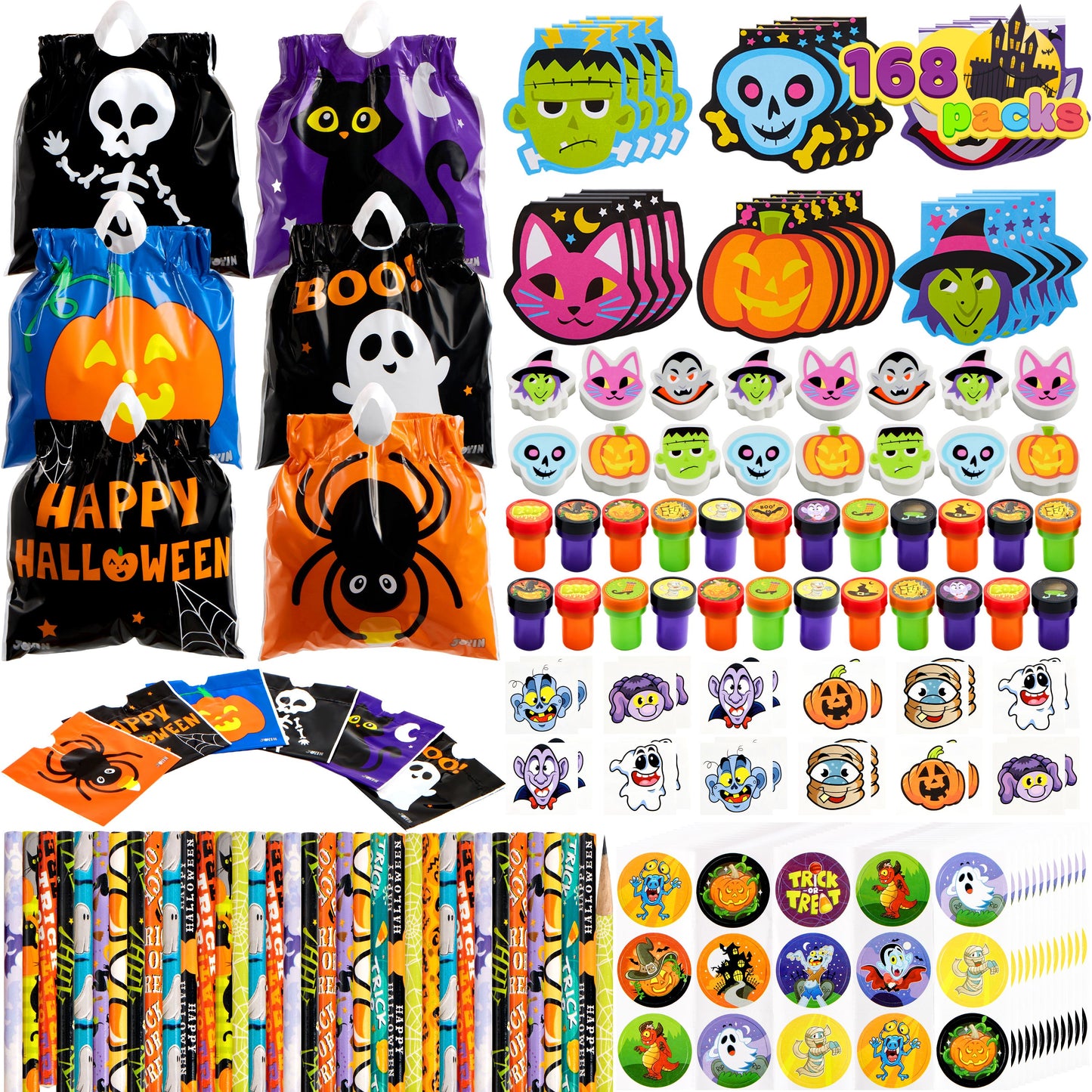 SYNCFUN 168 Packs Halloween Stationery Party Favors,Halloween Gifts for Kids,Halloween Goodies Including Halloween Trick or Treat Bags,Notepads,Stamps,Pencils,Stickers and Tattoos