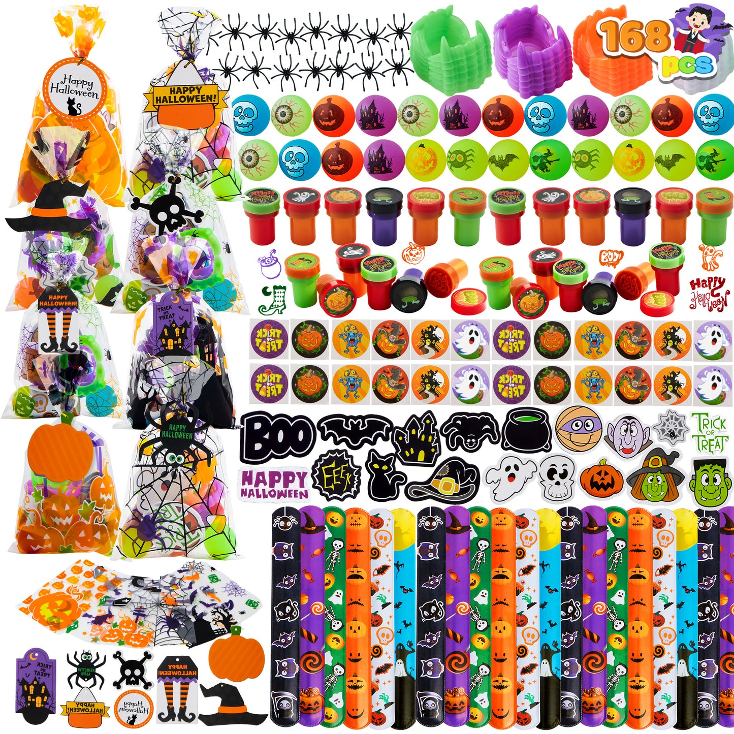 Joyfy 168 Pcs Halloween Stationery Party Favors,Halloween Gifts for Kids,Halloween Goodies Including Halloween Vampire Teeth,Spiders,Stamps,Stickers,Slap Bracelets
