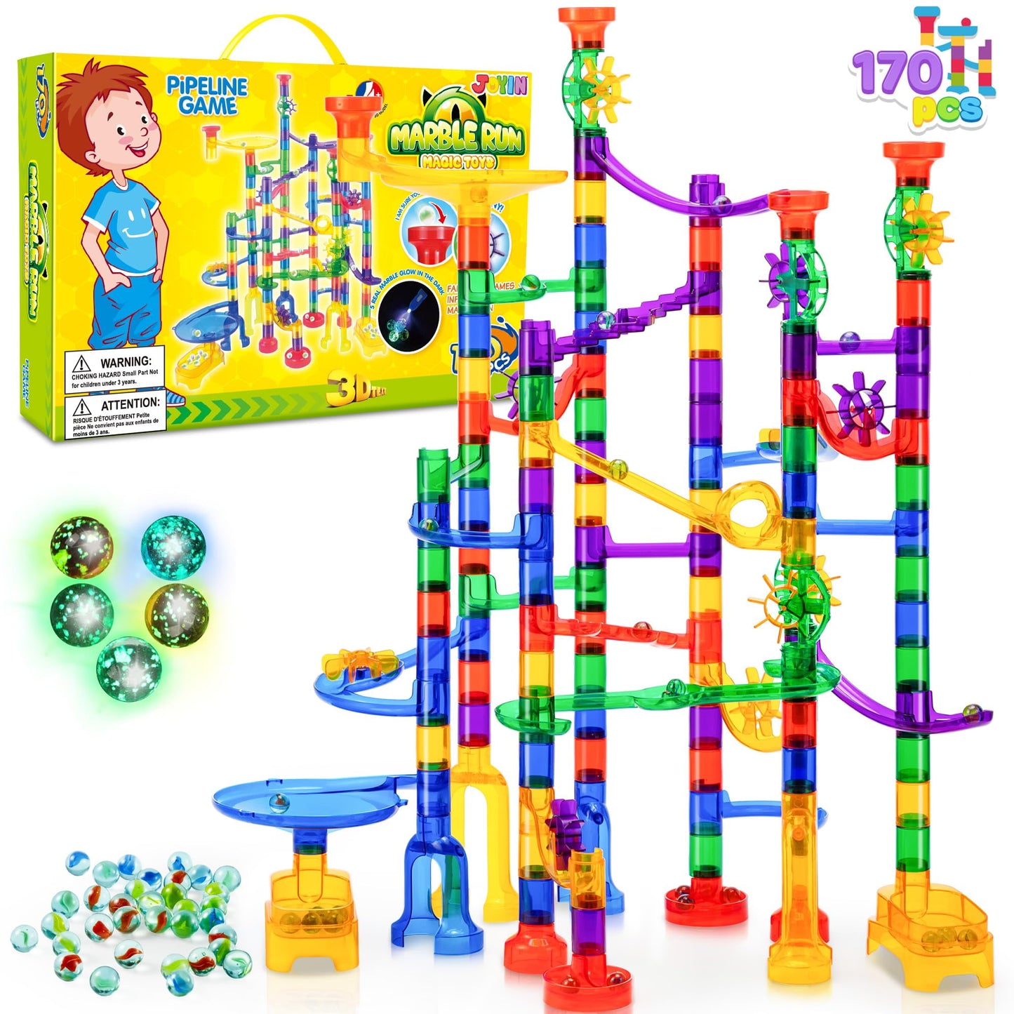 SYNCFUN 170 Pcs Glowing Marble Run, Construction Building Blocks Toys with 5 Glow in The Dark Glass Marbles, Birthday Easter Gift for Boys & Girls