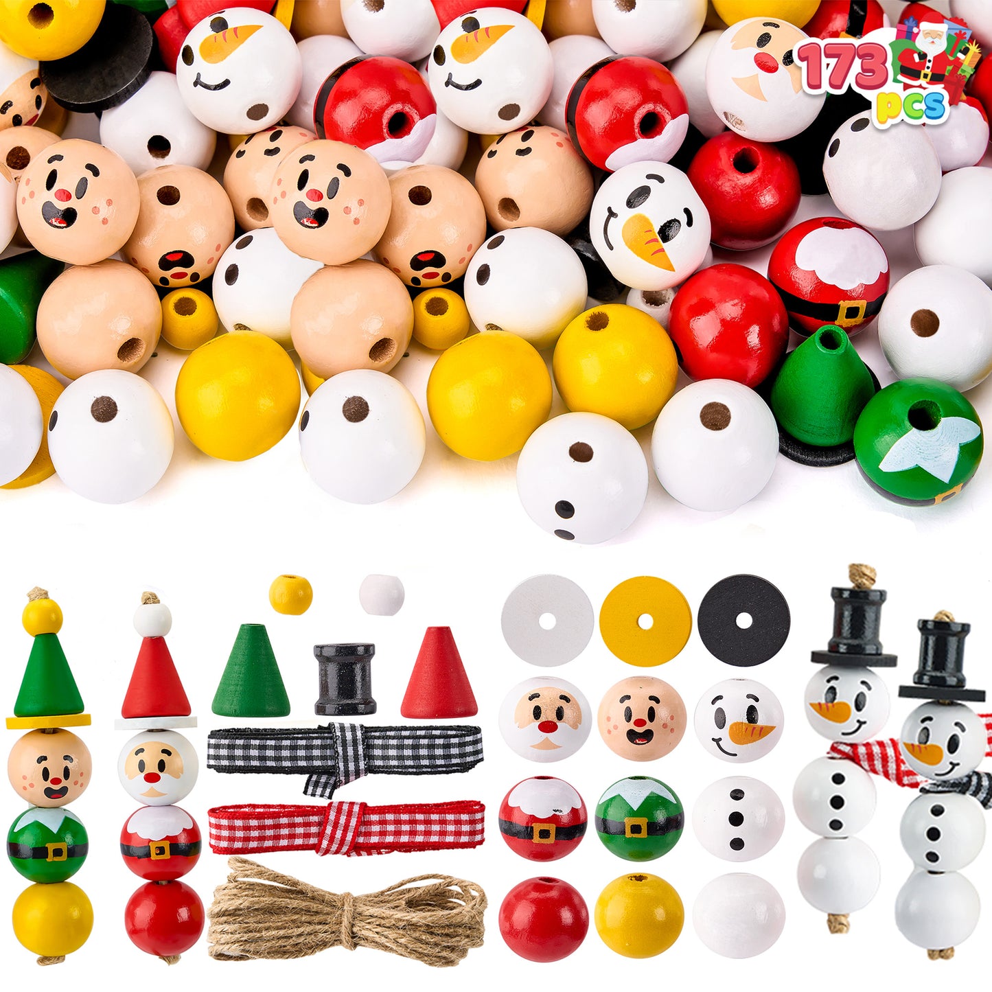 Joyfy 173 Pcs Christmas Wooden Beads Craft, Make Your Own Craft Wood Round Beads Make up to 30 Hanging Ornaments of Snowman, Santa Santa & Elf for Christmas Decoration