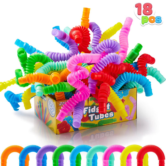 Joyfy 18 Pack Pop Tubes Party Favors Fidget Tubes 9 Colors Connectable & Extendable Stress Relief Sensory Toys