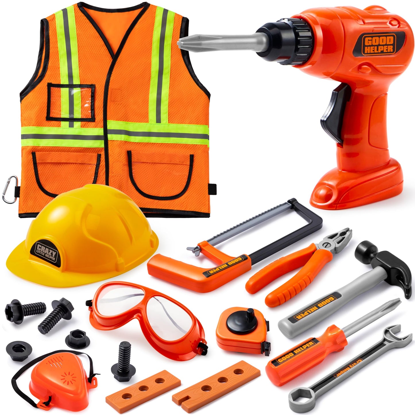 Workbenches with Construction Worker Hat Costume & Electronic Toy Drill, (19 Pieces)