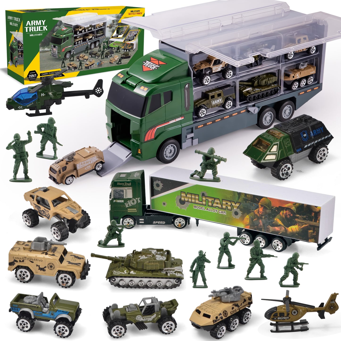 SYNCFUN 19 in 1 Die-cast Army Toy Truck, Mini Military Vehicles in Carrier Truck with Army Men Action Figures, Toys for Boys 3-6-9 Years Old