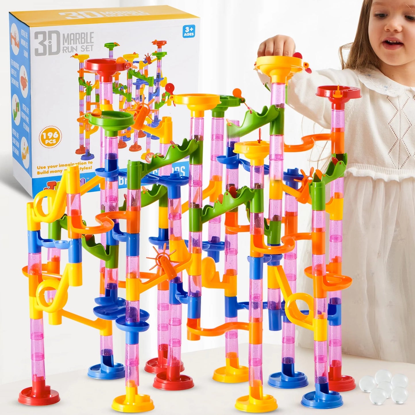 196 Pcs Marble Run, Construction Marble Maze Game, STEM Educational Toy, Building Block Toy, Gift for Kids Toddler Aged 3 4 5 6 7 8