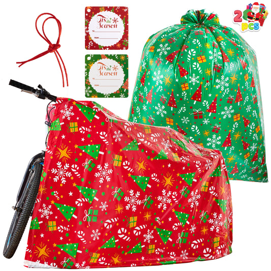 Joyfy 2 Packs Jumbo Christmas Gift Bags with Gift Tags Jumbo/Giant Bike Size 60"x 72" Snowflakes & Jingle Bells Christmas Prints, Heavy Duty Large Gifts Bags, Party Favors Bags