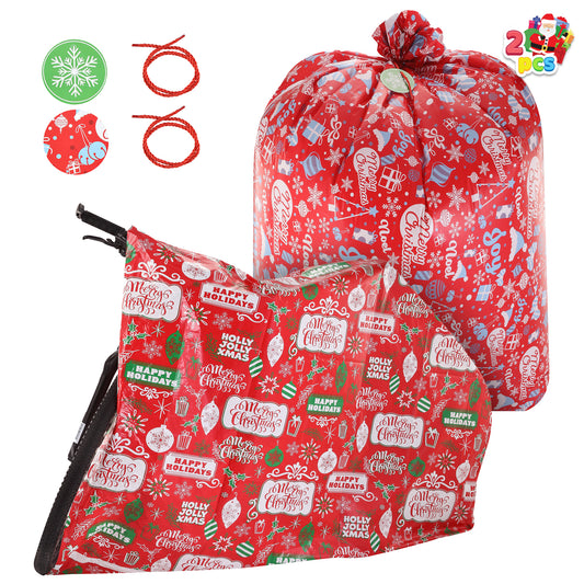 SYNCFUN 2 Packs Jumbo Christmas Gift Bags with Gift Tags Jumbo/Giant Bike Size 60"x 72" Snowflakes & Jingle Bells Christmas Prints, Heavy Duty Large Gifts Bags, Party Favors Bags