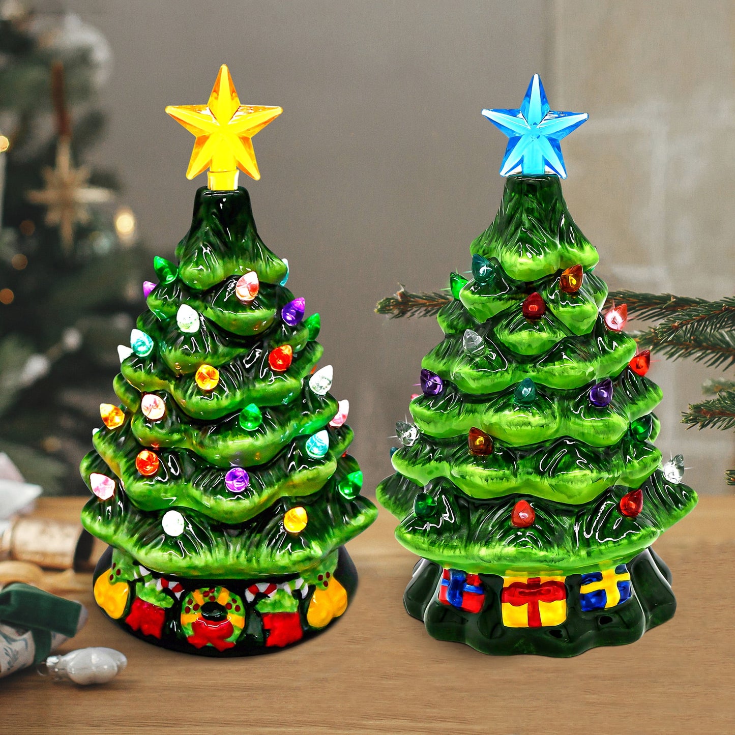Joyfy 2 Pcs 7" Small Ceramic Christmas Tree,Prelit Ceramic Christmas Tree with Lights and Top Star,Table Top Christmas Tree Decorations,Holiday Tree