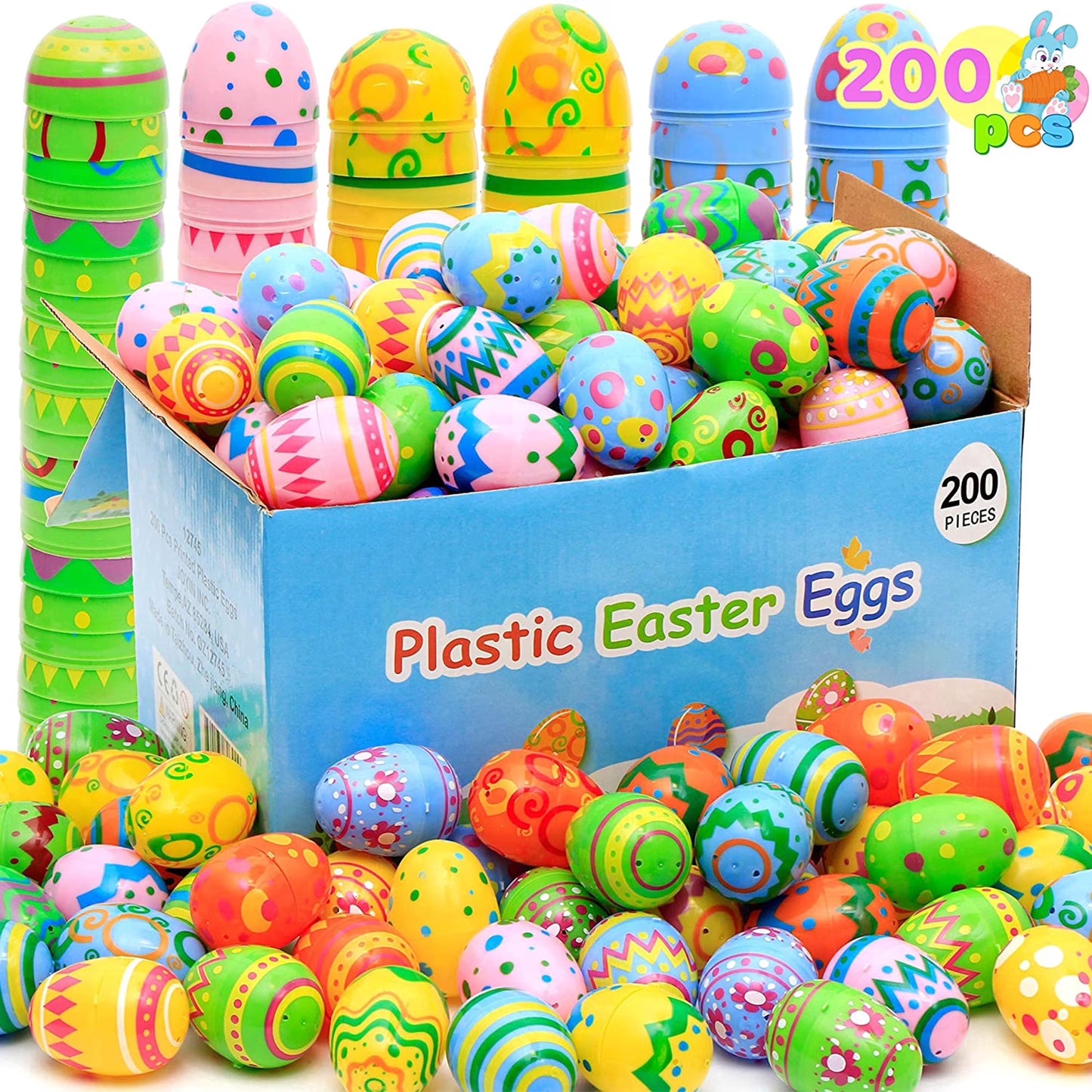 Joyfy 200 Pcs Plastic Easter Eggs Bulk, 2.3 Printed Bright Easter Eggs, Empty Fillable for Easter Hunt, Basket Stuffed, Party Favors and Decoration, Easter Goodie Bags for Kids