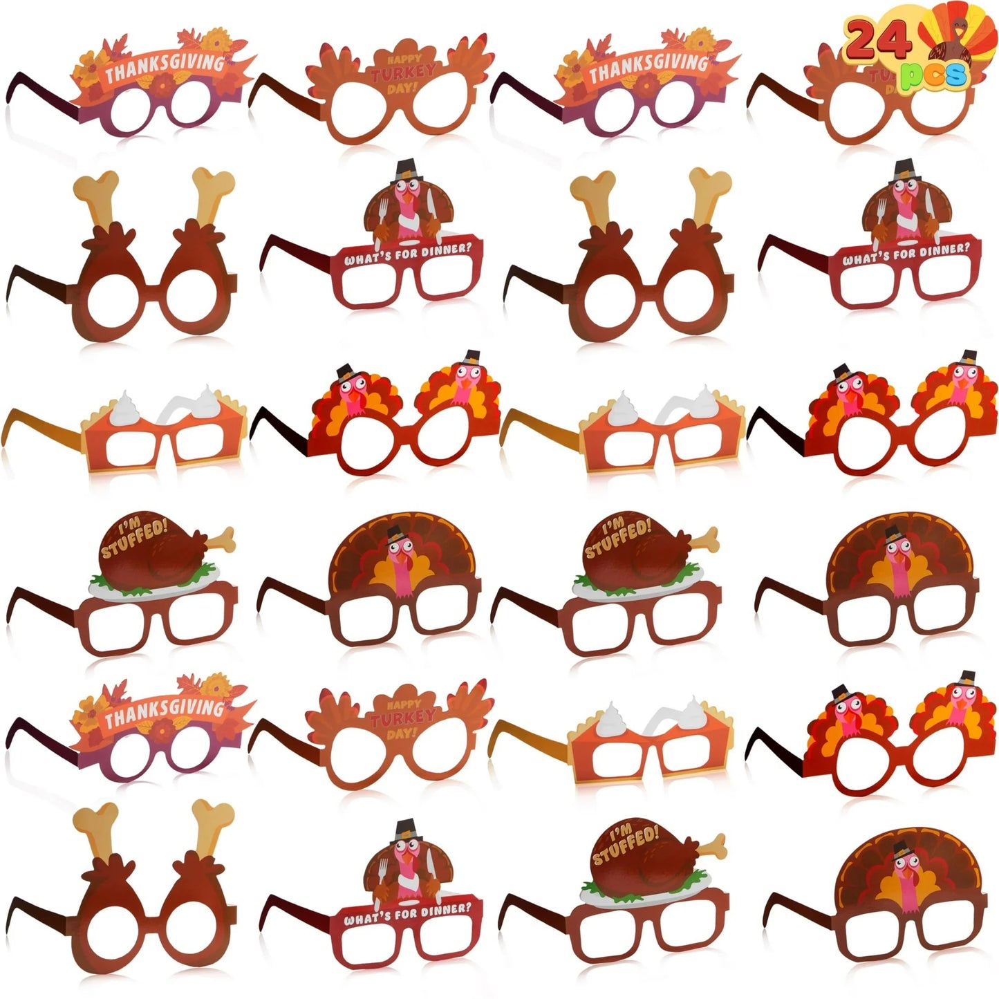 SYNCFUN 24 Pcs Turkey Eyeglasses,Thanksgiving Headband Turkey Costume Adults Kids