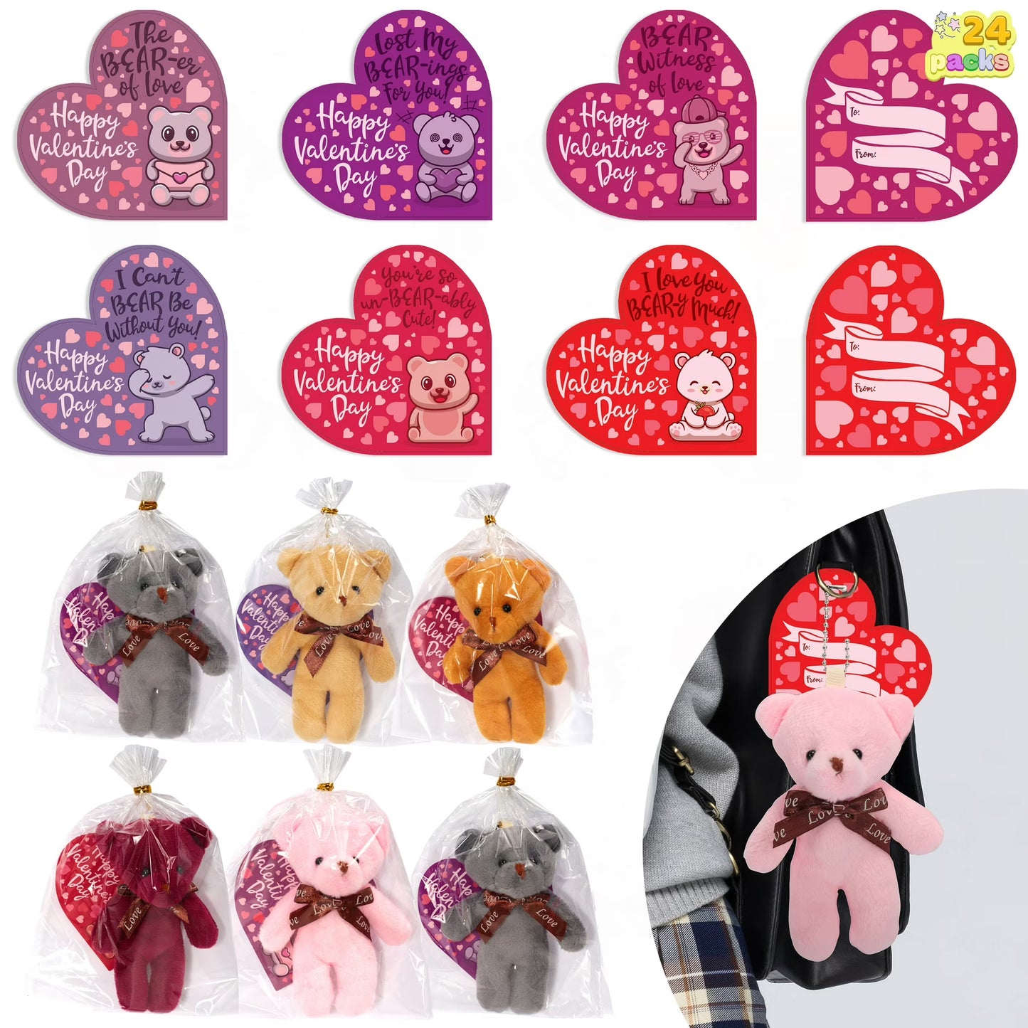 Joyfy 24 Packs Valentine Day Heart Cards with Mini Bears Toys Set, Cute Stuffed Animal Plush Keychain Toys for Kids, Valentine Exchange Cards for Students, Classroom and Valentines Party Favors